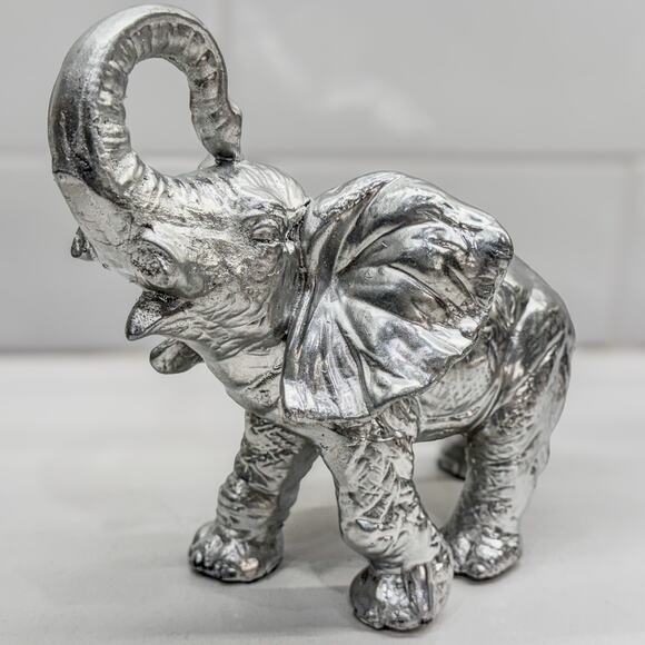 Good Luck Elephant Figurine, Trunk Upward, Silver- Painted Resin, 6.25” Tall - Picture 2 of 9